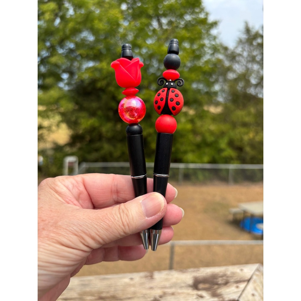 Ladybug Rose Beaded Pen and Mirror Set Red Black Teacher Gift 3 Piece